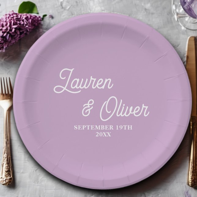 Elegant Lilac Purple Script Minimalist Wedding Paper Plate (Creator Uploaded)