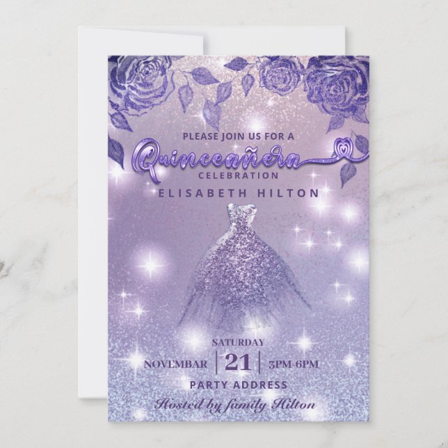 Elegant Lilac roses modern Glitter dress Invitation (Front)