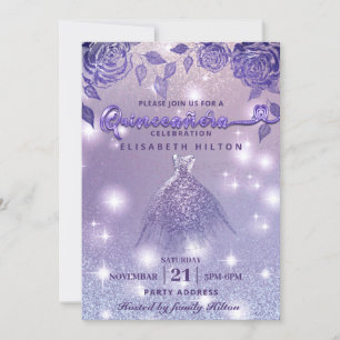 Elegant Lilac roses modern Glitter dress Invitation