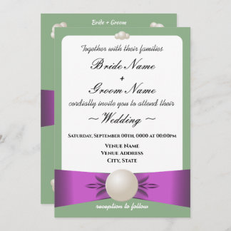 Elegant Lilac & Sage Pearl Ribbon Photo Wedding Invitation