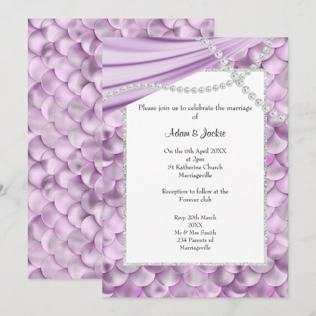 ELEGANT LILAC SATIN MERMAID INSPIRED WEDDING INVITATION (Front/Back)