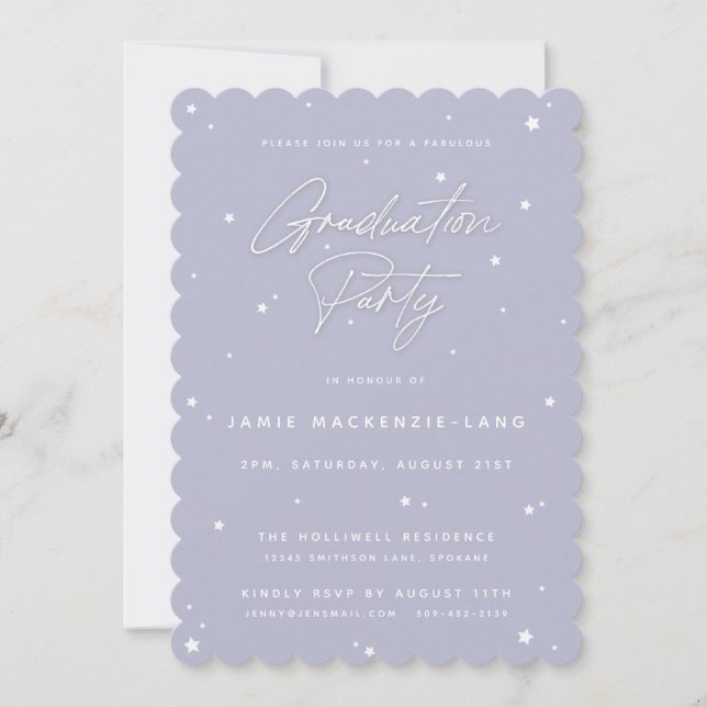 Elegant Lilac Script and Stars Graduation Party Invitation (Front)