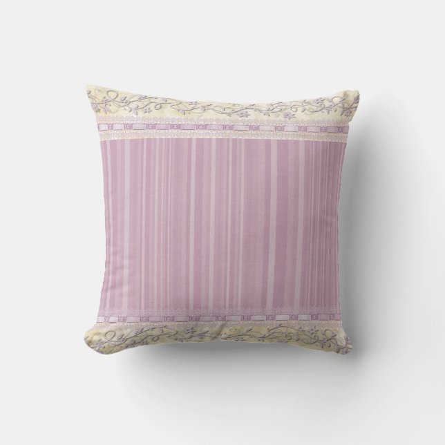 Elegant Lilac Stripes Pattern Faux Lace Border Cushion (Front)