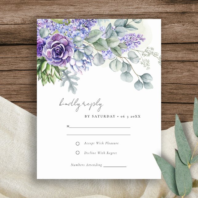 Elegant Lilac Succulent Eucalyptus Foliage Wedding RSVP Card (Creator Uploaded)