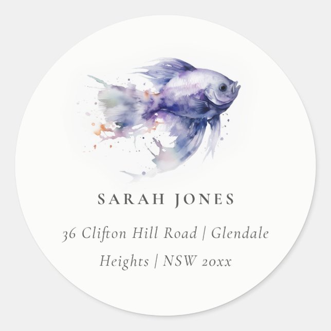 Elegant Lilac Watercolor Coastal Fish Address Classic Round Sticker (Front)