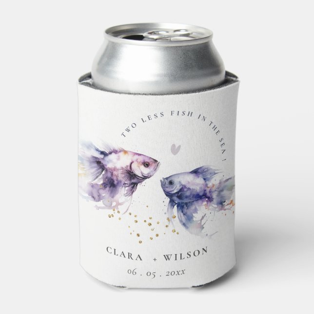 Elegant Lilac Watercolor Coastal Fish Wedding Can Cooler (Can Front)