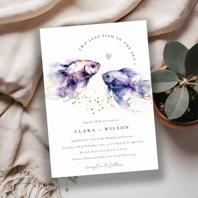Elegant Lilac Watercolor Coastal Fish Wedding Invitation (Creator Uploaded)