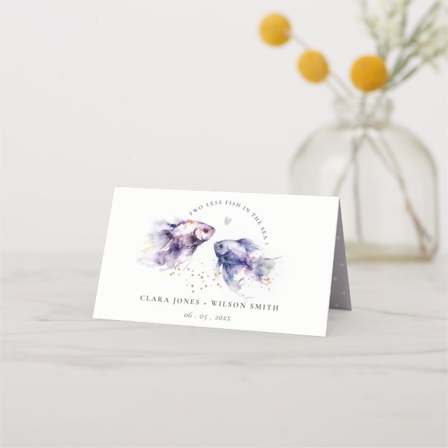 Elegant Lilac Watercolor Coastal Fish Wedding Place Card (Front)