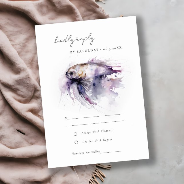 Elegant Lilac Watercolor Coastal Fish Wedding RSVP Card (Creator Uploaded)