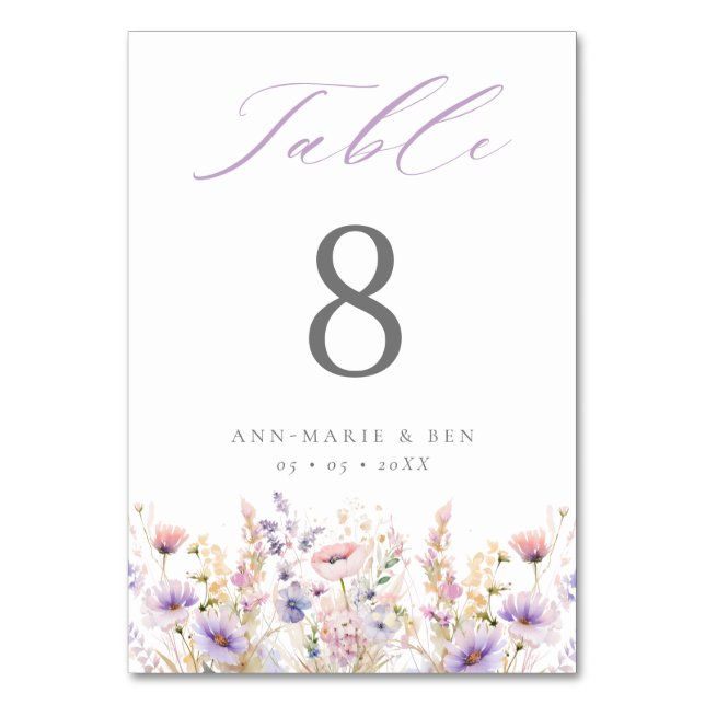 Elegant Lilac Wildflowers Wedding Table Number (Front)