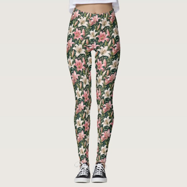 Elegant Lily and Foliage Composition Leggings (Front)