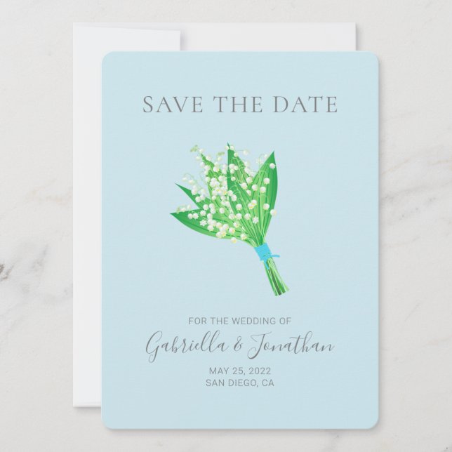 Elegant Lily of the Valley Bouquet Blue Save The Date (Front)