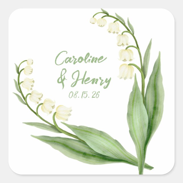 Elegant Lily of the Valley Personalised Wedding  Square Sticker (Front)