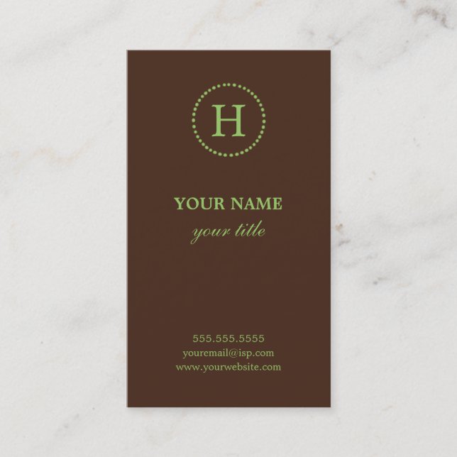 Elegant Lime & Brown Monogram Business Cards (Front)
