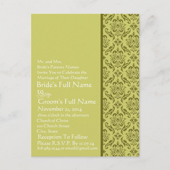 Elegant  Lime Damask  Wedding Invitation (Front)