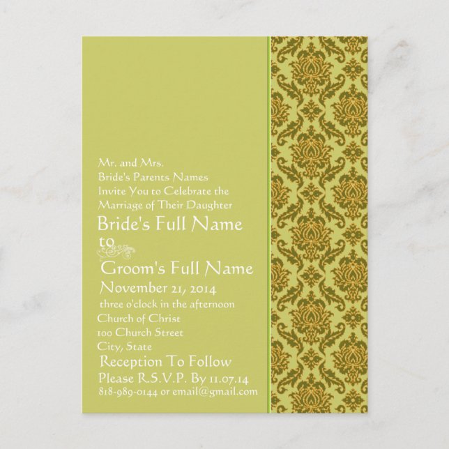 Elegant  Lime & Gold Damask  Wedding Invitation (Front)