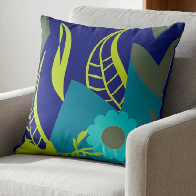 Elegant Lime Green And Navy  Cushion (Bright leaves, bold colors this hand drawn pillow brings instant joy to your couch.)