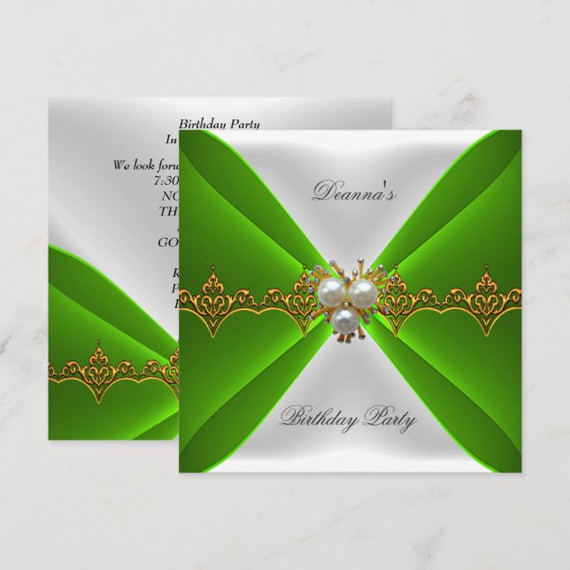 Elegant Lime Green Birthday Gold Jewel White Silk Invitation (Front/Back)