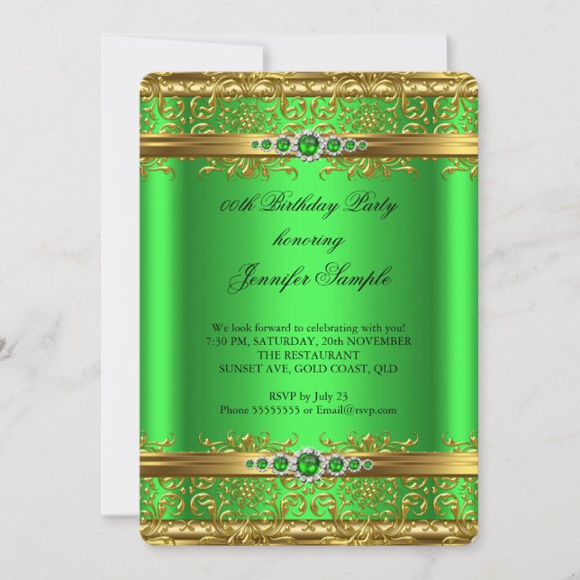 Elegant Lime Green Gold Damask Diamond Birthday Invitation (Front)