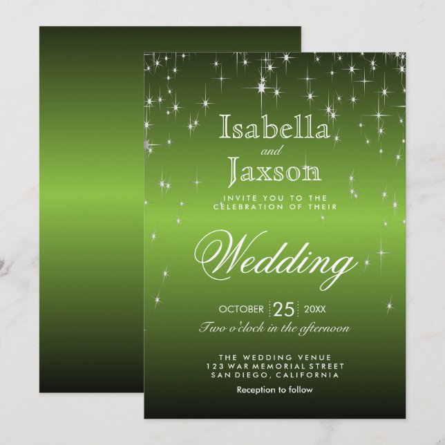 Elegant Lime Green Star Lights Wedding Invitation (Front/Back)
