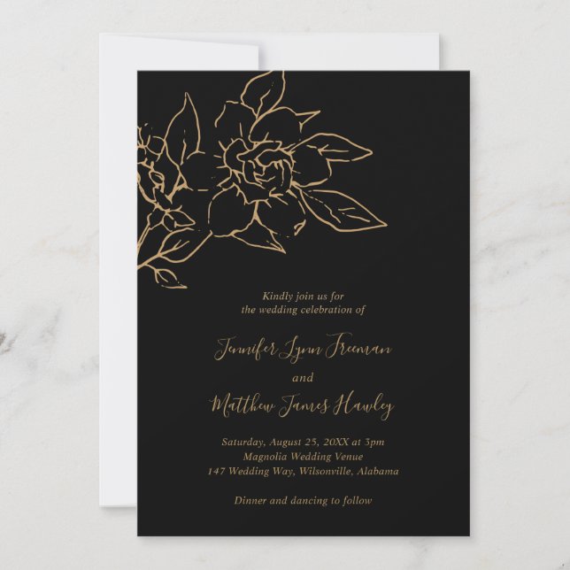 Elegant Line Art Floral Black Gold Wedding Invitation (Front)