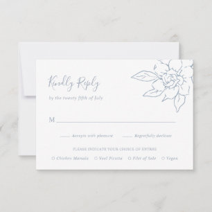 Elegant Line Art Floral Dusty Blue Wedding RSVP Card