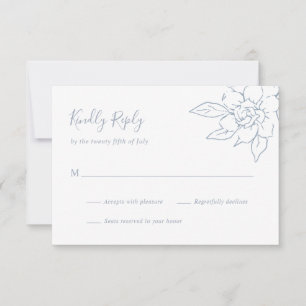 Elegant Line Art Floral Dusty Blue Wedding RSVP Card