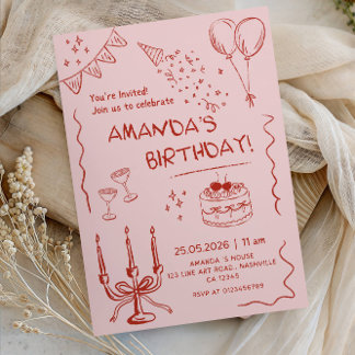 Elegant Line Art Girl’s Birthday Party- Invitation