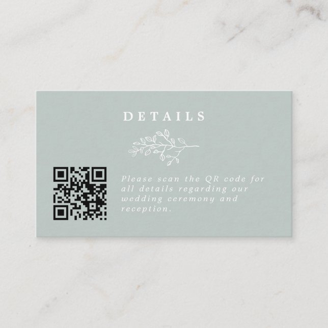 Elegant Line Art Leaf Sage Wedding QR Code Details Enclosure Card (Front)