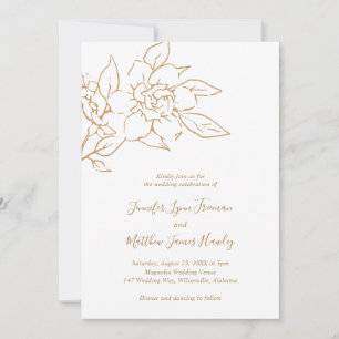 Elegant Line Art Magnolia Floral Gold Wedding Invitation