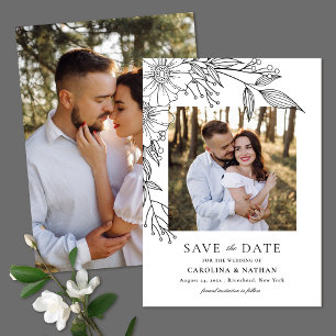 Elegant Line Drawn Floral Black 2 Photo Wedding Save The Date