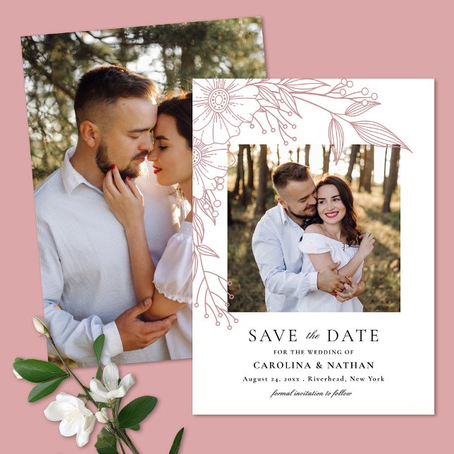 Elegant Line Drawn Floral Blush 2 Photo Wedding Save The Date (Creator Uploaded)