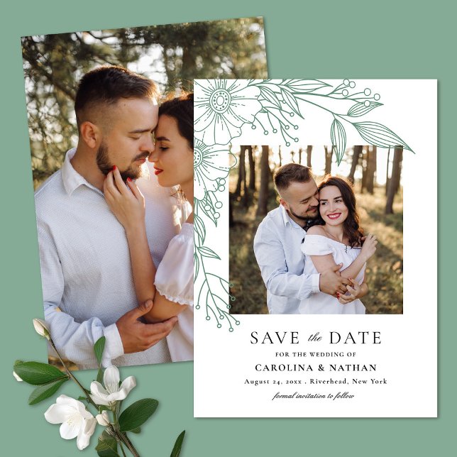 Elegant Line Drawn Floral Green 2 Photo Wedding Save The Date (Creator Uploaded)