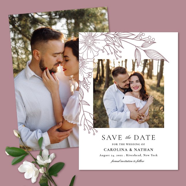 Elegant Line Drawn Floral Mauve 2 Photo Wedding Save The Date (Creator Uploaded)