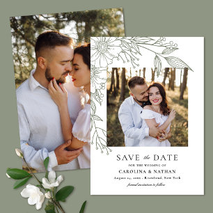 Elegant Line Drawn Floral Sage 2 Photo Wedding Save The Date