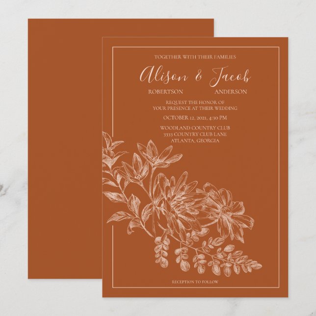 Elegant Line Drawn Floral Terra Cotta Wedding Invitation (Front/Back)