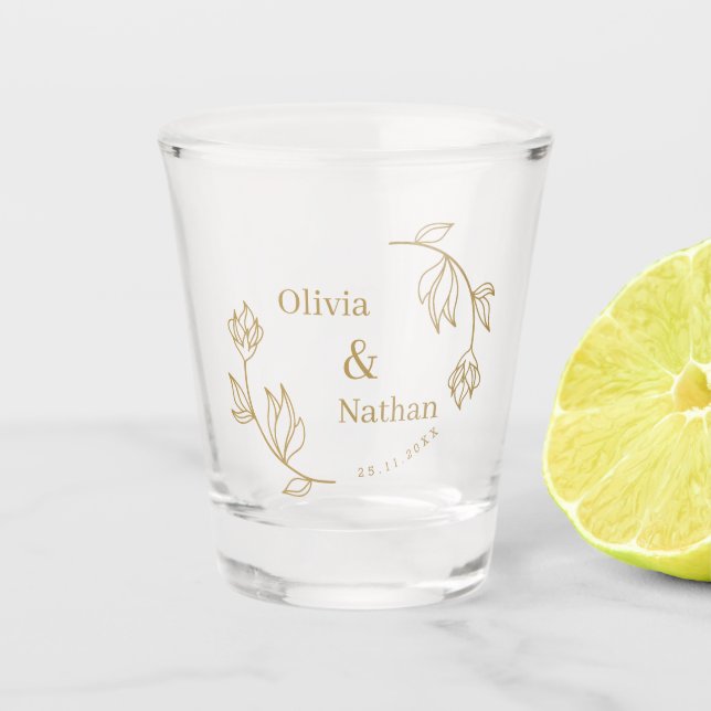 Elegant Line Floral Couple Monogram Wedding Favour Shot Glass (Front)