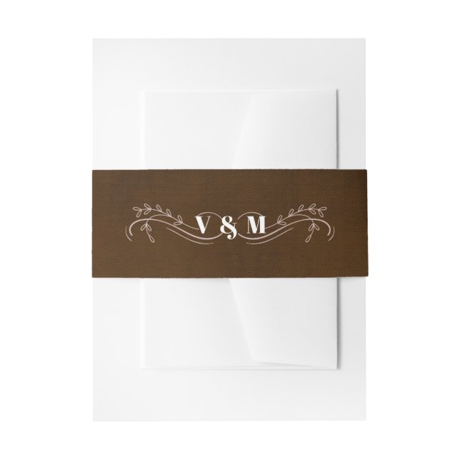 Elegant Line Floral Linen Espresso Brown Invitation Belly Band (Front Example)