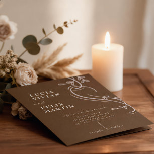 Elegant Line Floral Linen Espresso Brown Wedding Invitation