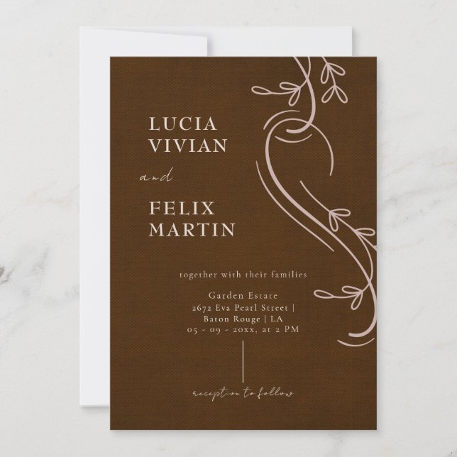 Elegant Line Floral Linen Espresso Brown Wedding Invitation (Front)