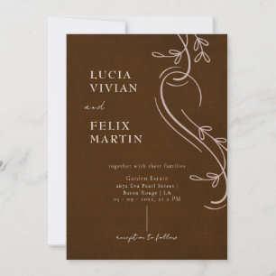 Elegant Line Floral Linen Espresso Brown Wedding Invitation
