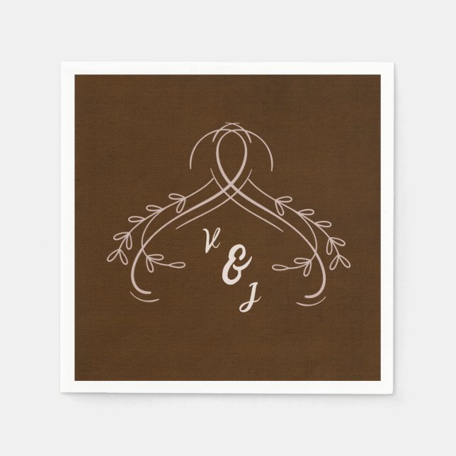 Elegant Line Floral Linen Espresso Brown Wedding Napkin (Front)