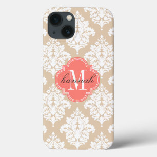 Elegant Linen Beige Damask Personalised iPhone 13 Case