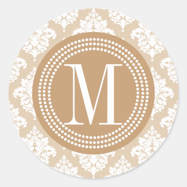 Elegant Linen Beige Damask Personalised Classic Round Sticker (Front)