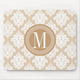 Elegant Linen Beige Damask Personalised Mouse Mat