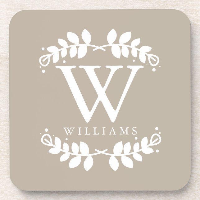 Elegant Linen Beige Monogram Coaster (Front)