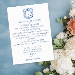 Elegant Linen Blue Crest Monogram Wedding  Invitation