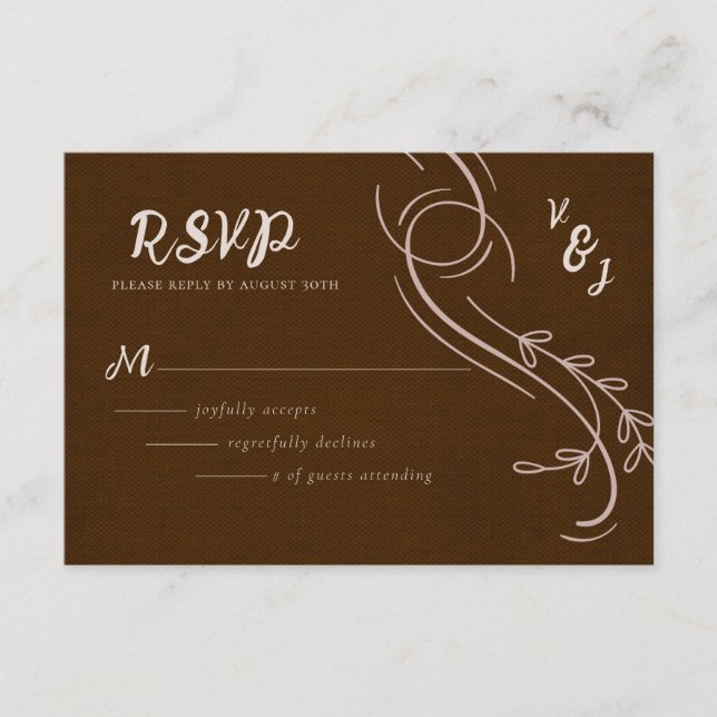 Elegant Linen Espresso Brown Initial RSVP Card (Front)