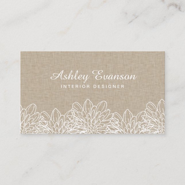 Elegant Linen Floral White Flowers Business Card (Front)