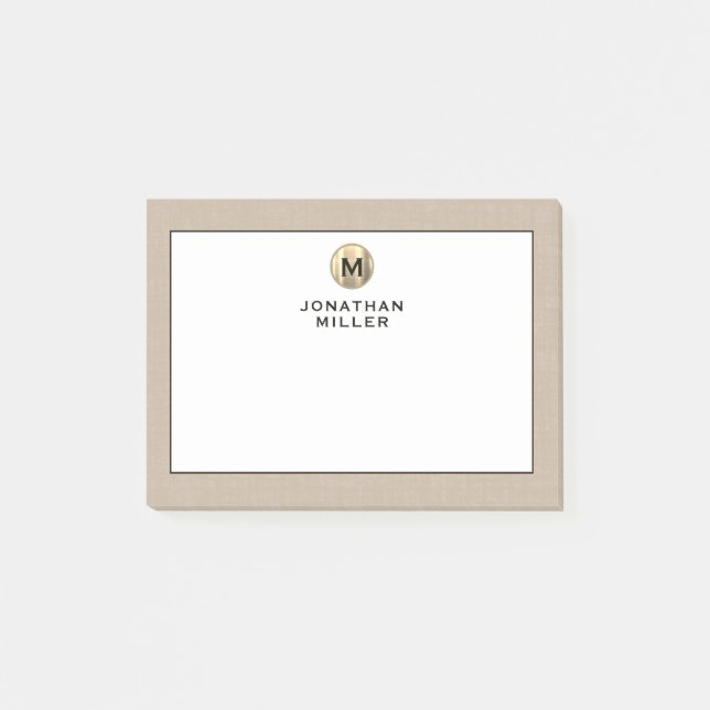 Elegant Linen Gold Monogram Post-it Notes (Front)